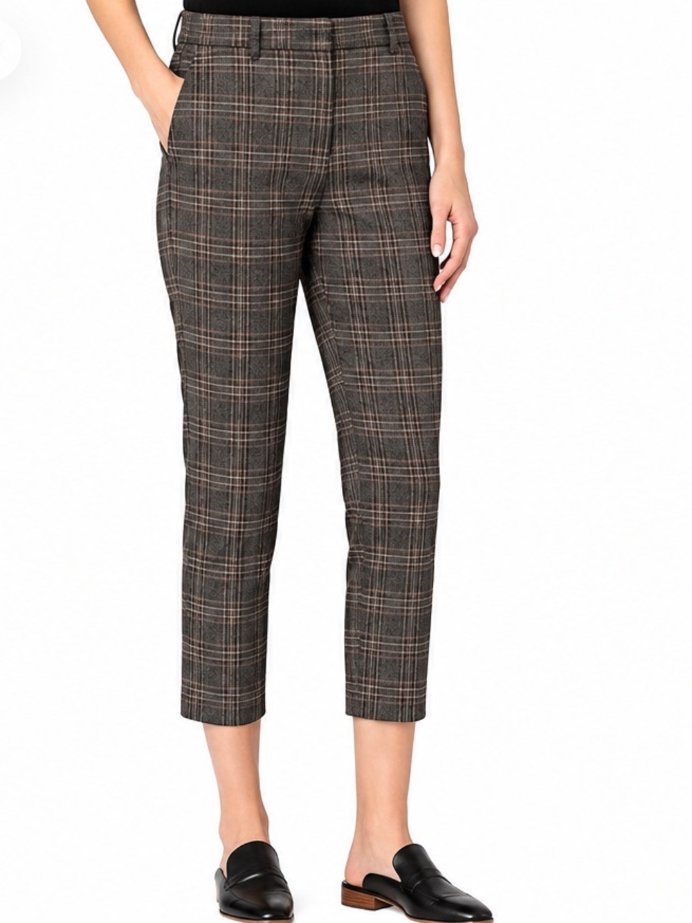 Theory Treeca Auburn Plaid Virgin Wool Cropped Trousers Brown Grey Size 6